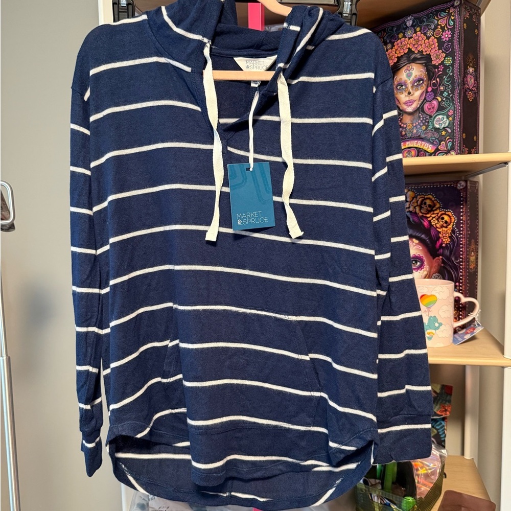 Market & Spruce Navy and White Striped Hooded Top